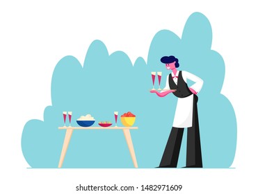 Young Waiter Male Character in Uniform and Apron Carrying Tray with Couple of Glasses with Red Wine Put them on Table with Different Dishes. Restaurant or Bar Staff Cartoon Flat Vector Illustration