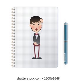 Young waiter surprised printed in notebook. Vector design