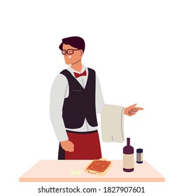 young waiter with towel hand in food on table vector illustration design