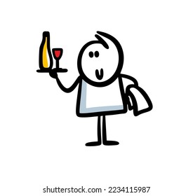 A young waiter with a tray in his hands, a bottle of wine and a glass. Vector illustration of a restaurant employee serving a customer.