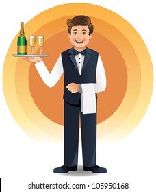 Young waiter in uniform serving champagne