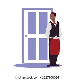 young waiter waiting at the door vector illustration design