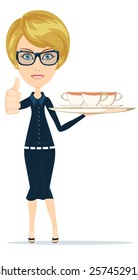 Young waitress carries a tray of cups with drinks, vector illustration