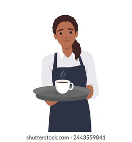 Young waitress holding a tray with two cups of tea or coffee. Flat vector illustration isolated on white background