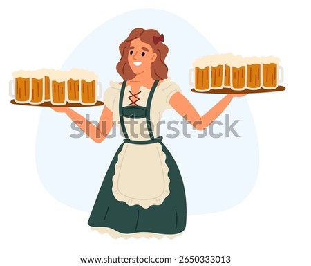 Young waitress holds glasses of beer on large trays at Oktoberfest celebration. Bavarian holiday. Alcohol beverage carnival. Autumn party. Woman carrying lager pints