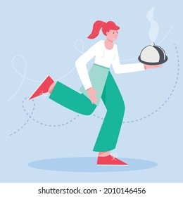 young waitress running to clients with dish