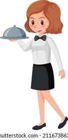 A young waitress serving food white background illustration