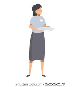 Young waitress is standing and holding a plate with a bowl of soup on it