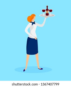 Young Waitress in Uniform Holding Tray with Bottle and Couple of Glasses with Red Vine Isolated on Blue Background. Restaurant Stuff. Faceless Character. Cartoon Flat Vector Illustration. Clip Art.