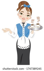 Joven camarera con un uniforme muy elegante está llevando un espresso sobre fondo blanco