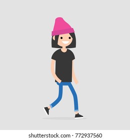 Young walking character. Pedestrian. Flat editable vector illustration, clip art