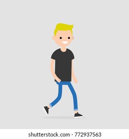 Young walking character. Pedestrian. Flat editable vector illustration, clip art