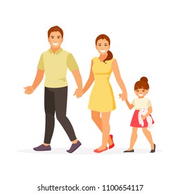 Young walking family isolated on white background. Vector illustration