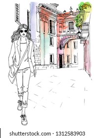 Young walking girl, dressed in a jacket and jeans. Pretty business woman. Casual style. Vector hand drawn line sketch, Valencia, Spain. Old city illustration background