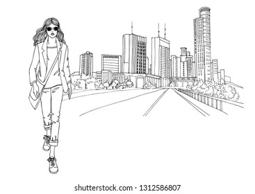 Young walking girl, dressed in a jacket and jeans. Pretty business woman. Casual style. Vector hand drawn line sketch, Tel Aviv, Ramat Gan, Israel. Modern cityscape  background. Isolated on white.