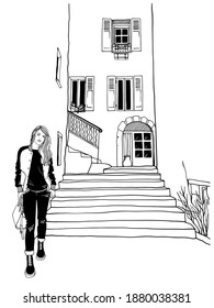 Young walking girl, dressed in a jacket and jeans, casual style.Old street of romantic Provence, France. Nice European city. Urban landscape in hand drawn sketch style. Travel vector illustration.