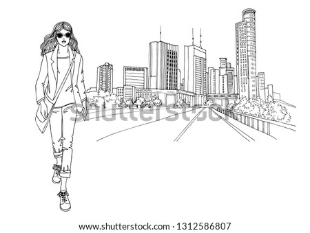 Young walking girl, dressed in a jacket and jeans. Pretty business woman. Casual style. Vector hand drawn line sketch, Tel Aviv, Ramat Gan, Israel. Modern cityscape  background. Isolated on white.
