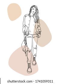 Young walking girl, hand drawn image, pretty fashionable woman, business woman, line sketch, full body girl, girl dressed in a jacket and jeans, casual style. Vector illustration on sepia blobs.