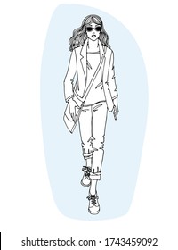 Young walking girl, hand drawn image, pretty fashionable woman, business woman, line sketch, full body girl, girl dressed in a jacket and jeans, casual style. Vector illustration on blue blob.