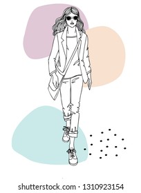 young walking girl, isolated vector hand drawn, pretty fashionable woman, business woman, line sketch, full body girl, girl dressed in a jacket and jeans, casual style. trendy abstract background