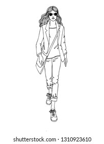 young walking girl, isolated vector hand drawn, pretty fashionable woman, business woman, line sketch, full body girl, girl dressed in a jacket and jeans, casual style. white  background