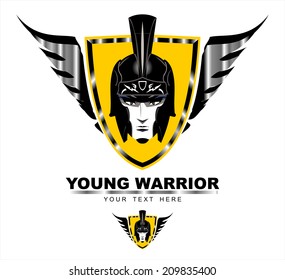 Young Warrior. Young Warrior head on the winged shield .