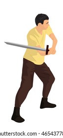 A young warrior with a sword. Cartoon vector illustration