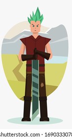 Young warrior with a sword on a background of mountains