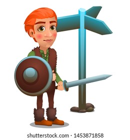 A young warrior with a sword stands near the movement sign isolated on white background. Vector cartoon close-up illustration.
