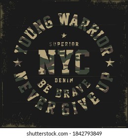 young warrior,tee print vector design with camouflage texture
