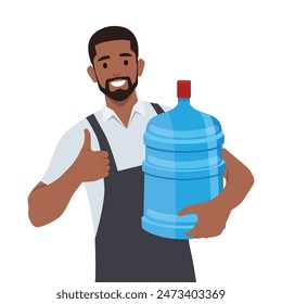 Joven mensajero de entrega de agua sosteniendo galón de agua con el pulgar hacia arriba. Ilustración vectorial plana aislada sobre fondo blanco