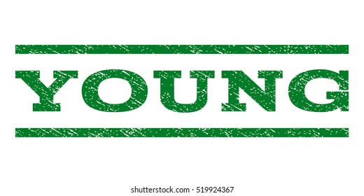 Young watermark stamp. Text caption between horizontal parallel lines with grunge design style. Rubber seal stamp with dust texture. Vector green color ink imprint on a white background.