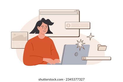 Young web UI UX designer working on laptop. Female freelancer at work creating content. Website development. Online business, internet marketing, communication. Content manager. Vector illustration.