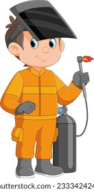 Young welder cartoon in action with smile of illustration