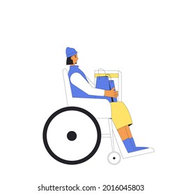 Young wheelchair woman with shopping bags. Female person holding her purchases. Filled line vector illustration.