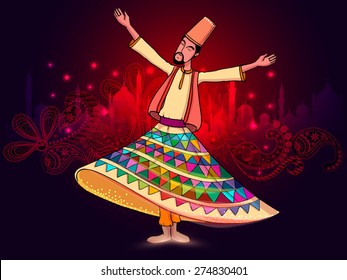 Young whirling dervish in traditional outfits on beautiful red floral design and mosque silhouette background for holy month of Muslim coomunity, Ramadan Kareem celebration. 