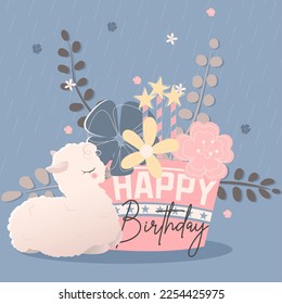 A young white alpaca congratulates you on your special day  with Happy birthday cake and flowers Birthday card
