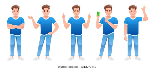 A young white boy in a blue T-shirt and blue jeans stands in different poses. A full-length man is a set of characters. The guy is standing with his arms crossed, with the phone in his hand, pointing