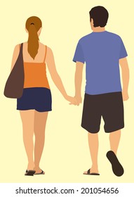 Young White or Caucasian Couple Holding Hands as they Walk Away