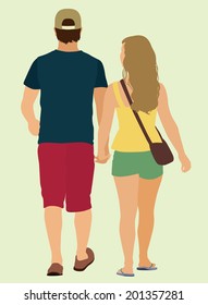 Young White or Caucasian Couple Holding Hands as they Walk Away