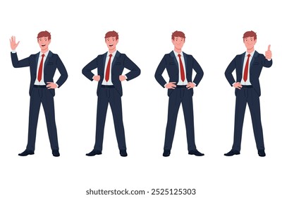 Jovem Branco Executivo Vestido Terno e Gravata Vermelha, Em Poses Variadas. Oi, Pose De Herói, Mãos No Quadril, Polegar Para Cima. Liderança, Empreendedor, Chefe, Corporativo. Em Pé, Camadas, Fundo Branco Isolado.