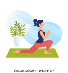 Young white girl doing yoga exercise on mat in home. Yoga at home. Healthy lifestyle, sport, flexibility, fitness concept. Isolated vector illustration for poster, banner, card, cover