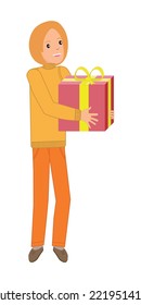A young white girl holding gift, vector illustration