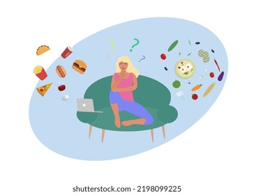 A young white girl sits on a couch and makes a choice between healthy and temporary food. Lifestyle, health, nutrition and sports.