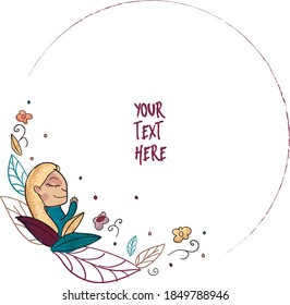 Young white girl with vitiligo with a colorful round frame with flowers and leaves isolated on a white background