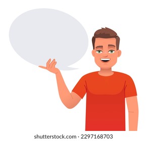 Un joven blanco sostiene una burbuja de habla vacía en su mano. El concepto de opinión personal. Ilustración vectorial en un fondo blanco.