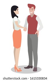 A young white guy stands and shakes hands with a girl. Ideal for advertising and presentation.
