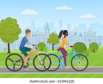 Young white man and african woman couple riding a sport bike on a park road on the old city background. People bicycle Vector illustration.