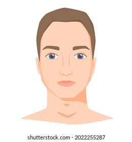 Young white man face with shot haircut. Male portrait of brunette in flat style. Front view. Vector