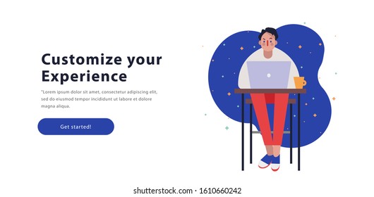 Young white man freelancer boss using laptop workplace office desk leader working process flat horizontal banner copy space vector illustration